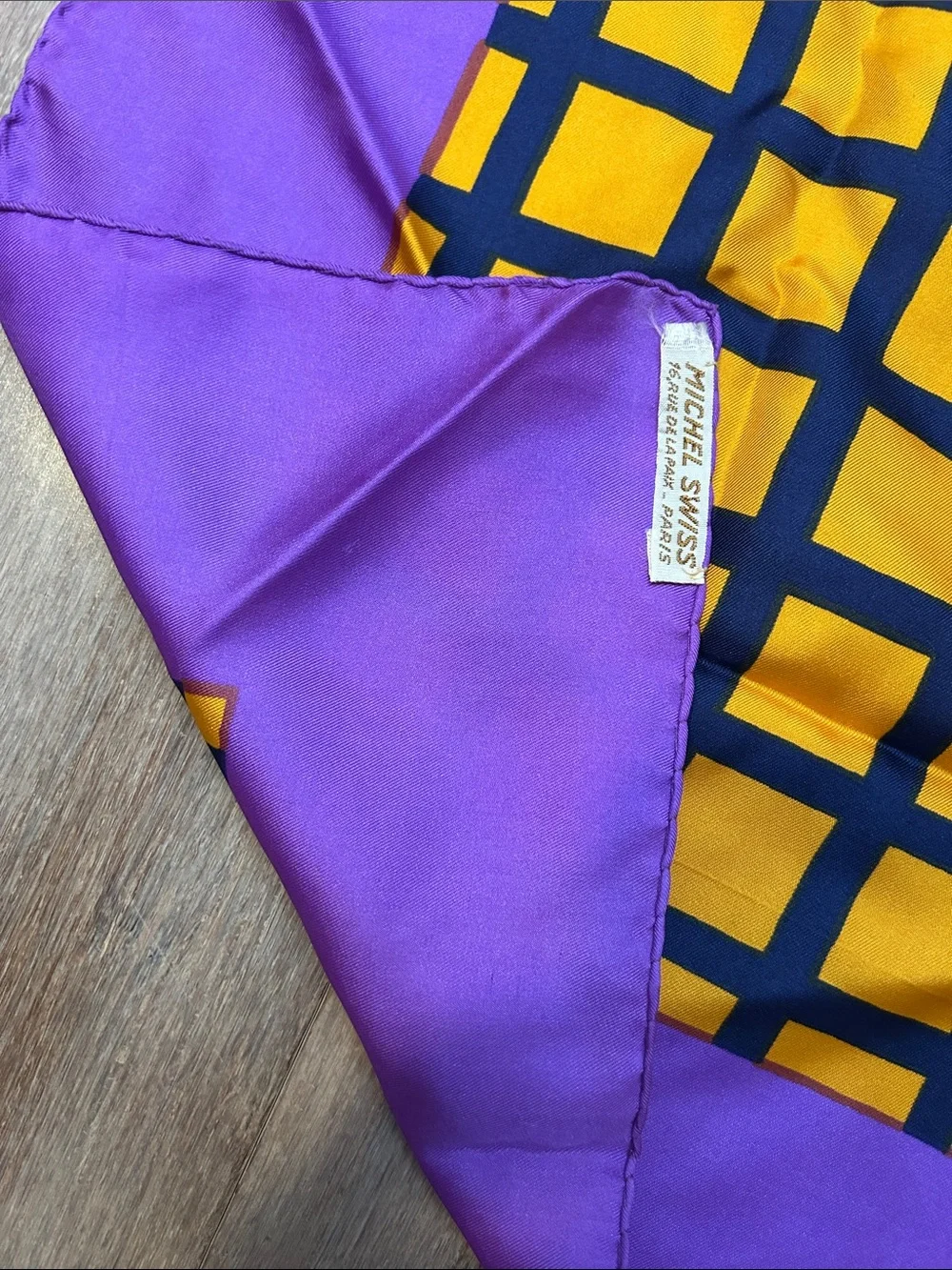 VTG Michel Swiss Purple and Yellow Grid Silk Scarf made in France square
